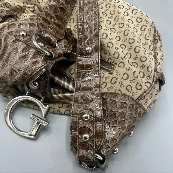 Vintage Guess  Beige & Brown Logo Hobo with Croc-Embossed Trim - Picture 11 of 16